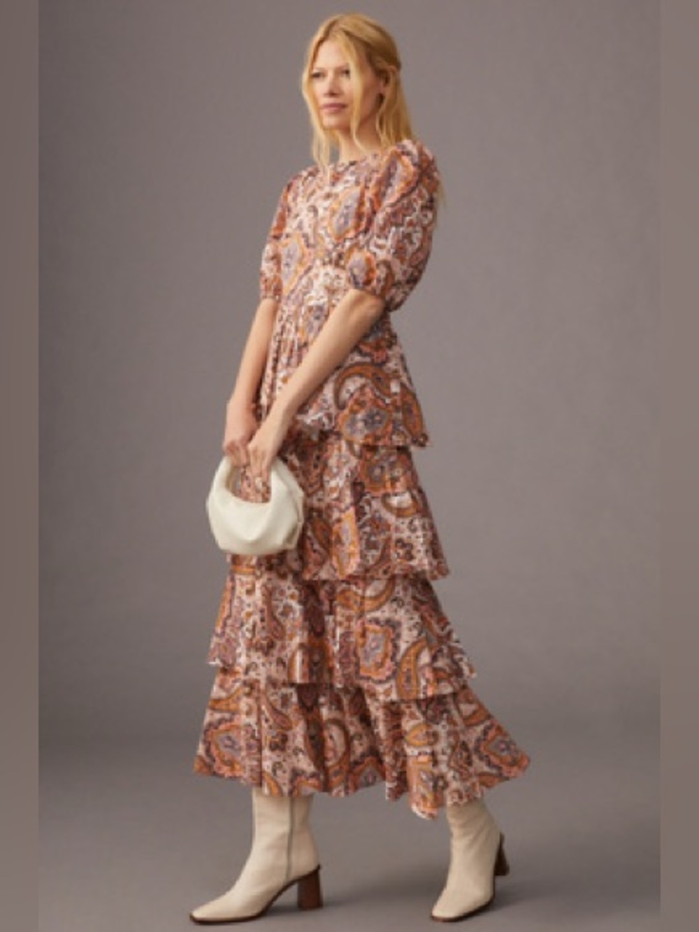 Anthropologie Paisley Tiered Maxi Dress in Peach and Brown